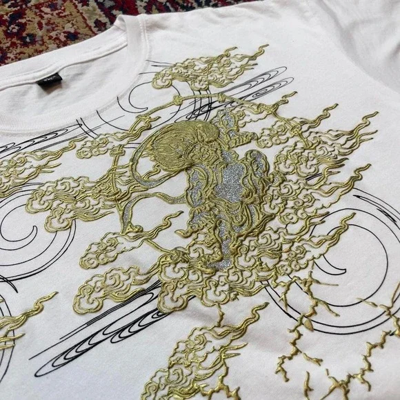 VTG 00s Foye ed hardy style puff print abstract tiger tshirt XL gold white - Picture 3 of 5